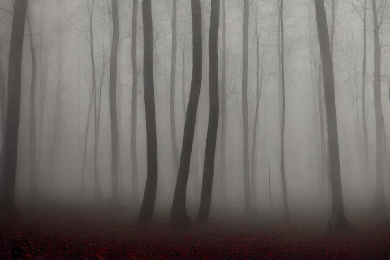 Image similar to deep dark moody forest, red fog on the ground, bleak. big stones, dark mood. mysterious. doom. realistic painting. photobashing, matte painting, highly detailed, autumn, cinematic, hyperralistic, artstation, art brut, outsider art, symbolist, dramatic lighting, god rays, clean crisp graphics, smooth sharp focus, extremely detailed