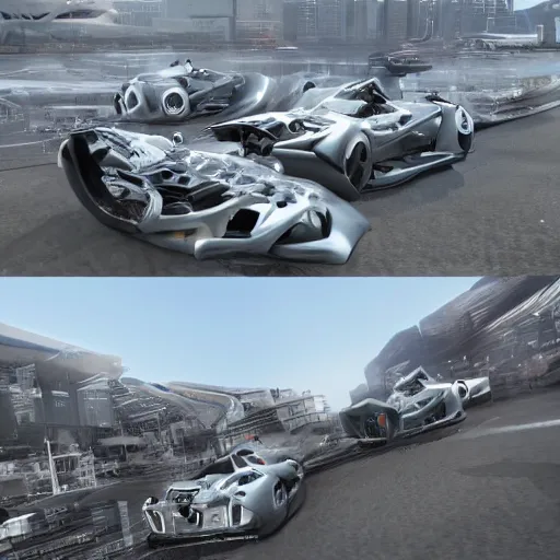 Prompt: cars close to each other race: center composition, cars portraits, ground view, motherboard forms designed by zaha hadid, sci-fi futuristic ultra realistic photography, keyshot render, octane render, unreal engine 5 lumen, high oiled liquid glossy specularity reflections, ultra detailed, golden hour, dramatic lighting 4k, 8k, 16k in the style ofblade runner 2049 Cyberpunk 2077 ghost in the shell thor 2 marvel film : tilt shift: sharp focus