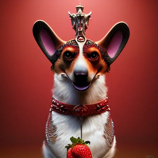 Prompt: corgi with strawberry skin : by michal karcz, daniel merriam, victo ngai and guillermo del toro : ornate, dynamic, particulate, intricate, elegant, highly detailed, centered, artstation, smooth, sharp focus, octane render