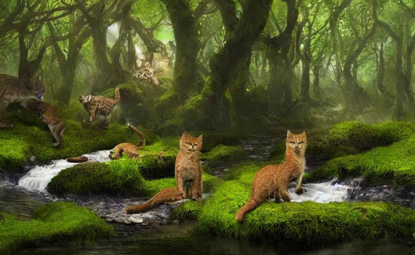Image similar to wild cats in a clear water stream in a mossy fantastical forest, digital art, trending on artstation
