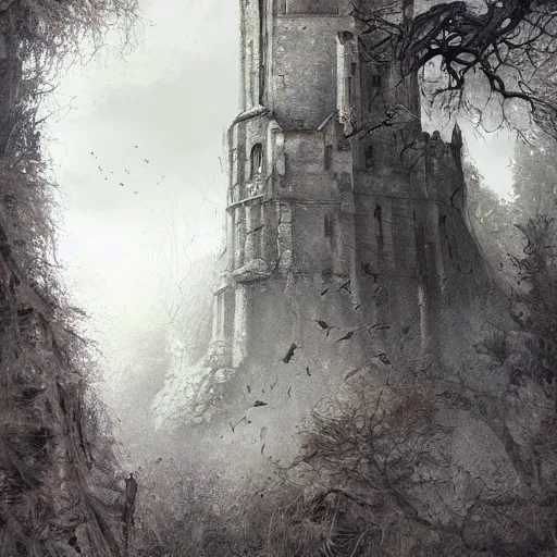 Image similar to an archaic tower looming over a grove of ancient trees, in the style of ayami kojima, thick mist, cracked walls, realistic digital painting, realistic colors, medieval fantasy, very detailed