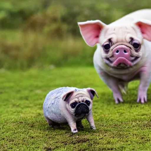 Prompt: Pig-pug-tardigrade hybrid pet gladly munching moss in a field, family photograph, heartwarming