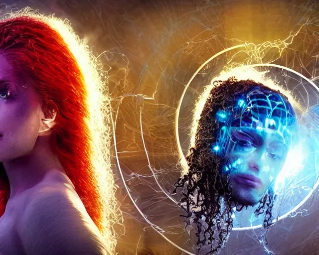 Image similar to glowing hair, complex cybernetic beings, beautiful hairy humanoids, cybermagnetosphere, cybernetic civilizations, ornate hair, love, joy, vortexes, large arrays, data holograms, 8 k, cinematic light shadows, wet hdr refractions, *, * * *, * * * * *