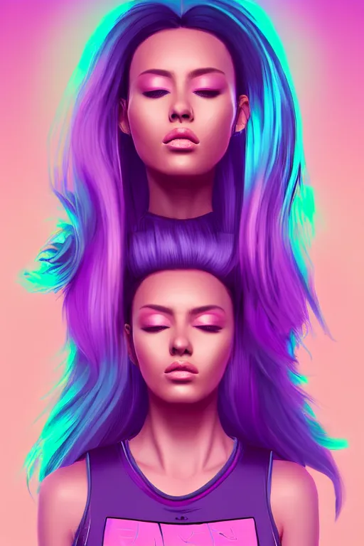 Image similar to a award winning half body porttrait of a beautiful woman in a croptop and cargo pants with ombre purple pink teal hairstyle with head in motion and hair flying, outrun, vaporware, shaded flat illustration, digital art, trending on artstation, highly detailed, fine detail, intricate