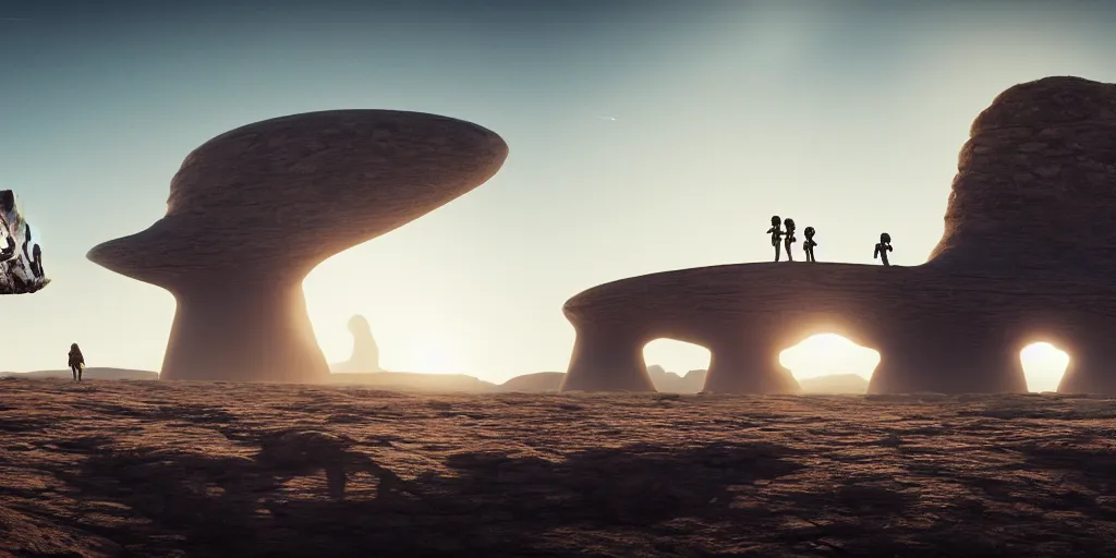 Prompt: a huge monolithic alien structure in the desert, a large line of people are walking toward it, single file, in the foreground on a rock an alien frog is catching a fly with its tongue, two suns are in the sky, clear skies, volumetric light, hyperdetailed, artstation, cgsociety, 8k