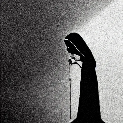 Image similar to a black nun smoking a joint and puffing lots of smoke, by Beksinski, lens flares, minimalistic background