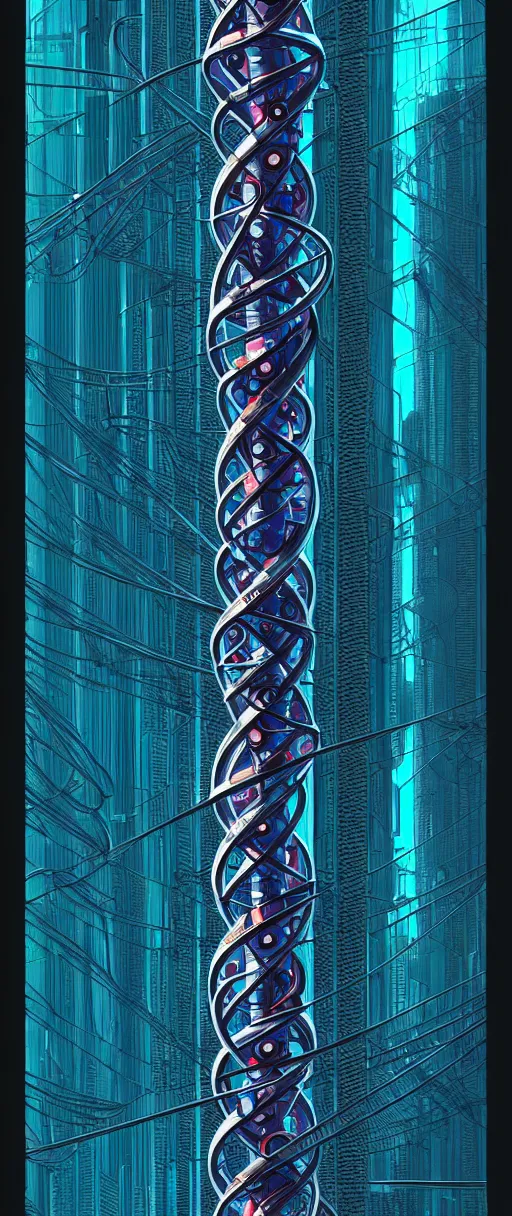 Prompt: a double helix dna cyberpunk pillar, high details, lineart, by vincent di fate, inking, 3 color screen print, masterpiece, trending on artstation, sharp, high contrast, hyper - detailed,, hd, 4 k, 8 k