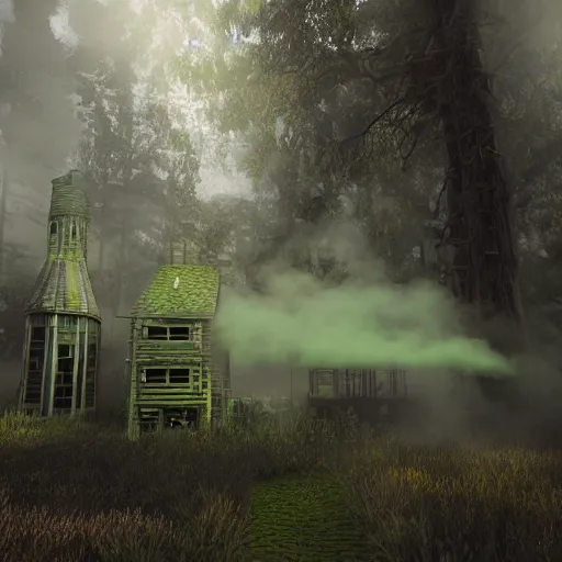 Image similar to green fog and smoke eminating from a noxious potion alchemy laboratory, master alchemist, elven potionmaker, vray smoke rendering