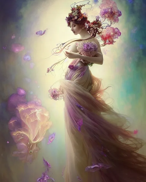 Image similar to Full View ultrarealistic Portrait ethereal fantasy deity wearing beautiful gown, flowers, spirituality, 4k digital masterpiece by Anna Dittman and Alberto Seveso Ruan Jia, rossdraws, artgerm and greg rutkowski and alphonse mucha and loish and WLOP, fantasycore, Hyperdetailed, realistic digital painting, atmospheric, fireflies, soft lighting, featured on Artstation