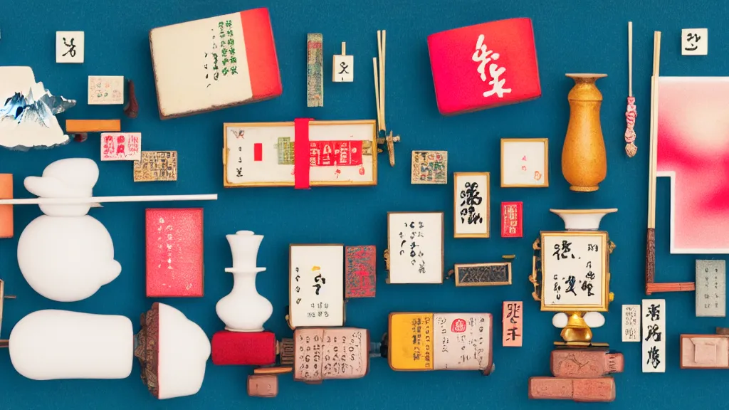 Prompt: a sparse arrangement of tourist souvenir trinkets of kyoto, japan, a collage painting, in the style of wes anderson, lola dupre, david hockney, isolated on negative white space background dark monochrome neon spraypaint accents volumetric octane render