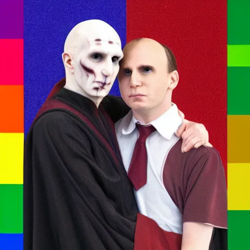 Prompt: voldemort and harry potter hugging, pride flag background