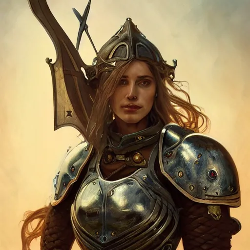 Prompt: front view portrait of a rugged female as a bruised knight with a shield and heavy armor, fantasy, intricate, headshot, highly detailed, digital painting, artstation, concept art, sharp focus, cinematic lighting, illustration, art by artgerm and greg rutkowski, alphonse mucha, cgsociety