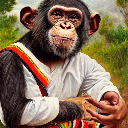 Image similar to beautiful painting by sophie anderson of a chimpanzee wearing traditional men kurdish clothes baggy pants and white shirt with a large sash tied around the waist in a kurdish village, award winning art, insanely detailed, bright colors, global illumination, cute, young, stunning