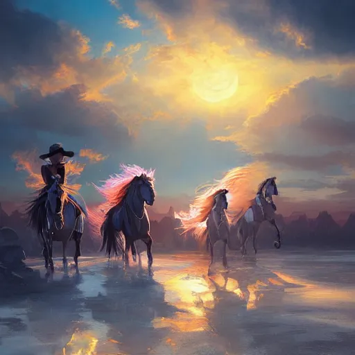 Prompt: a beautiful painting of ghost riders in the sky, sunrise, by wlop, tooth wu and charlie russell