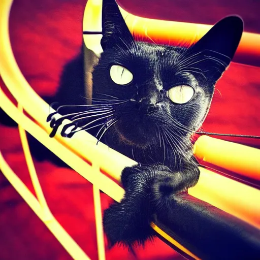 Image similar to black cat in a rollercoaster. the cat looks happy. sunlight. polaroid photo. saturated colors.