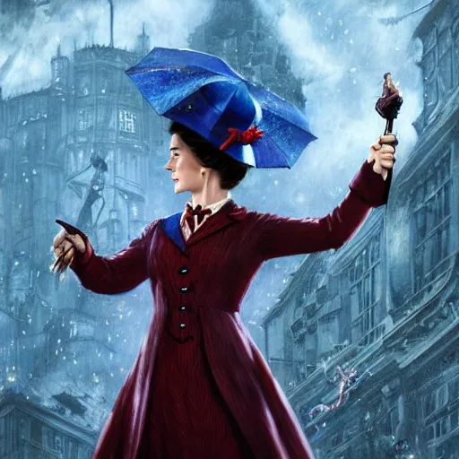 Image similar to Mary poppins , casting epic spell, magic the gathering artwork, D&D, fantasy, cinematic lighting, centered, symmetrical, highly detailed, digital painting, artstation, concept art, smooth, sharp focus, illustration, volumetric lighting, epic Composition, 8k, art by Akihiko Yoshida and Greg Rutkowski and Craig Mullins, heroic pose, oil painting, cgsociety, magic lab background