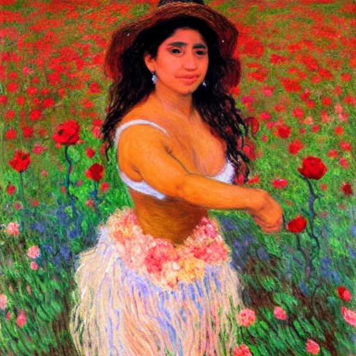 Prompt: beautiful tan mexican woman, full body, dancing in a field of roses and many other exotic flowers, prominent rosy cheek bones, black hair and brown eyes, monet and da vinchi art style,