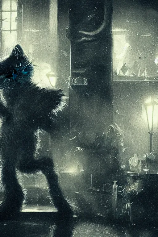 Prompt: of a british longhair cat wearing and act like a gangster in the night club, by greg rutkowski