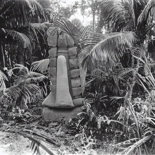 Prompt: a rizom lost film footage of a sacred ( ( ( indigenous ) ) ) artifact in the middle of the ( ( ( ( ( ( ( ( ( ( tropical jungle ) ) ) ) ) ) ) ) ) ) / ethnographic object / film still / cinematic / enhanced / 1 9 0 0 s / black and white / grain