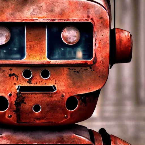 Image similar to old friendly rusted robot, portrait, 4 k