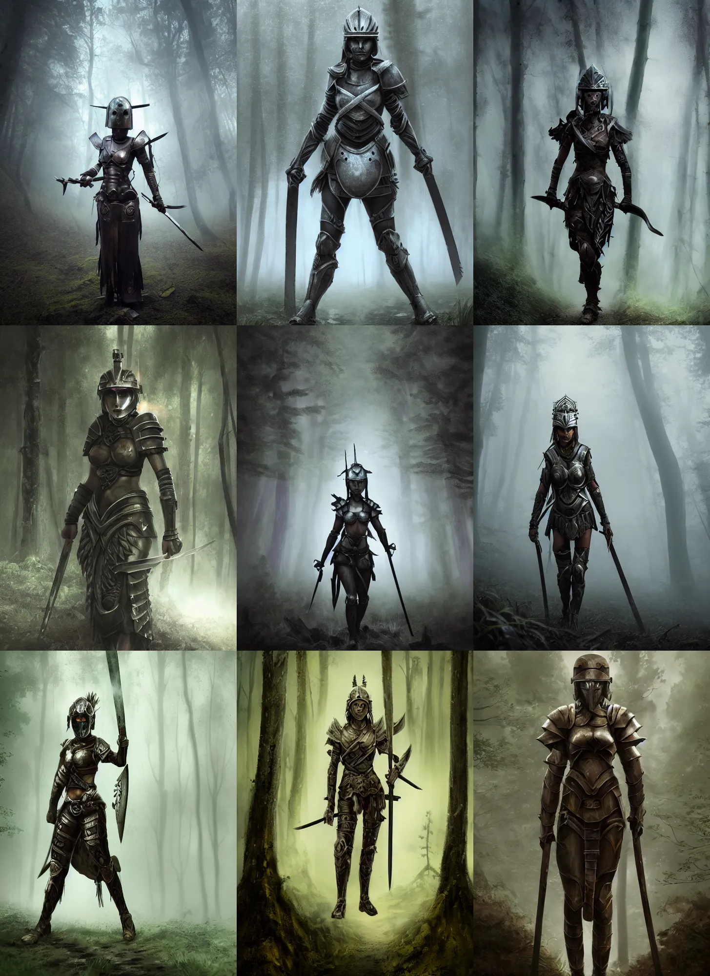 Prompt: a matte painting of a female warrior wearing with her eyes glowing through the helmet wearing battle worn armor wielding twin swords walking in the forest plains of north yorkshire, misty forest, good value control, concept art, digital painting, sharp focus, symmetrical, segmented armor, single character full body, 4k, illustration, rule of thirds, centered, moody colors, moody lighting, atmospheric