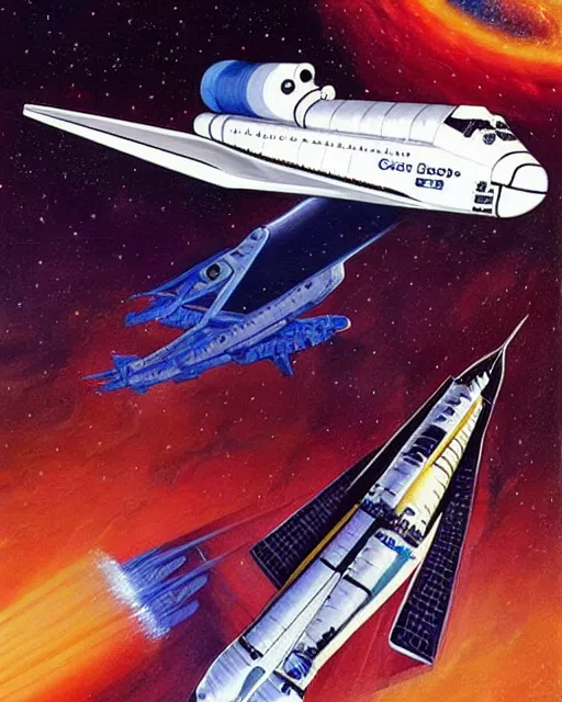 Image similar to a painting of a space shuttle and a space shuttle, concept art by don maitz and by vincent di fate and by robert mccall and by allan brooks and by ron walotsky, trending on pinterest, space art, sci - fi, concept art, redshift