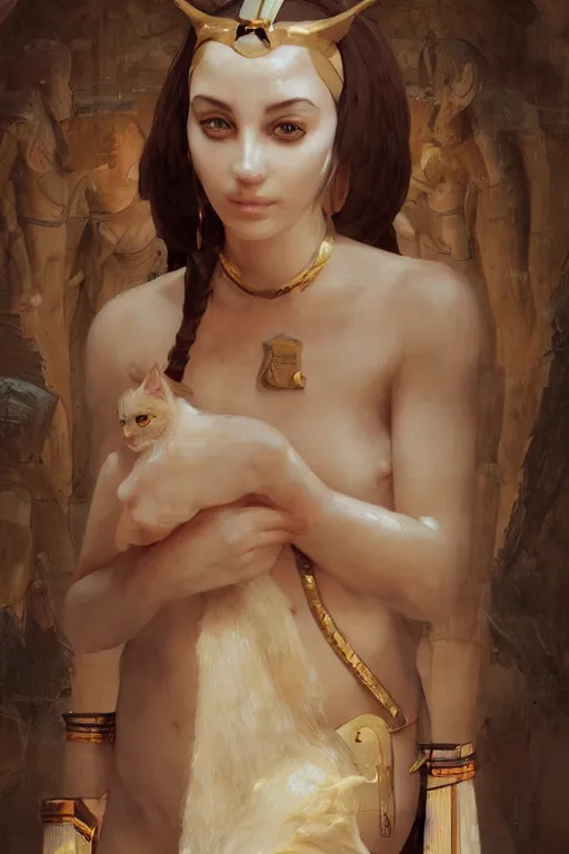 Image similar to portrait of the beautiful egyptian goddess, bastet, bast, woman / cat hybrid, soft torchlight in an egyptian tomb, digital art by ruan jia and mandy jurgens and artgerm and william - adolphe bouguereau, highly detailed, trending on artstation, award winning,