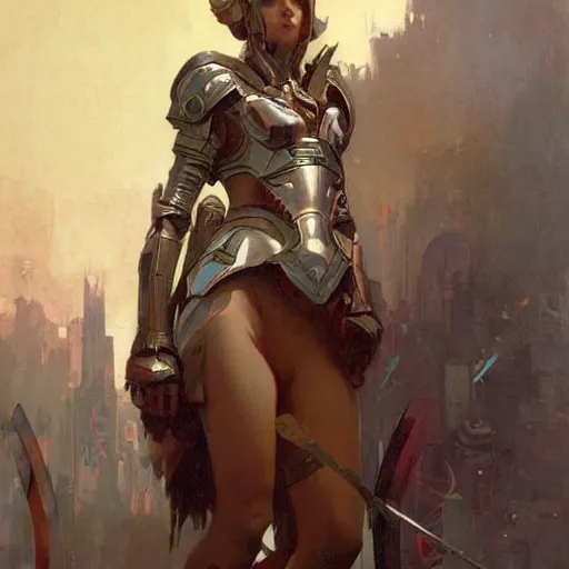 Image similar to splendid tall slavian queen warrior cyborg, mucha, ingres, greg rutkowski