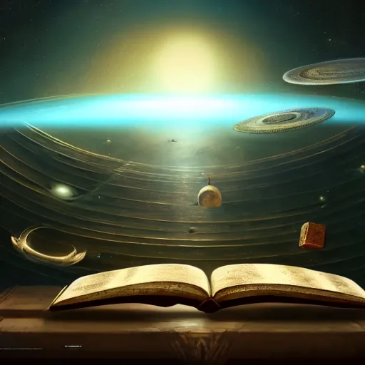 Prompt: long shot of an ancient book on a vintage table in space, concept art, sci - fi illustration, painting, realistic, global illumination, radiant light, detailed and intricate environment, 8 k, h 6 4 0