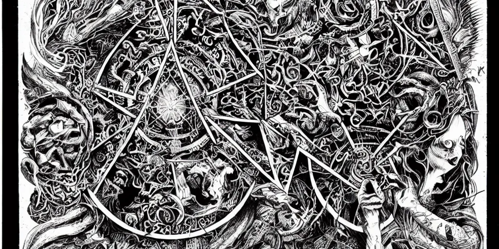 Image similar to There are nightmares rising from the shadows and they hunger for our dying hope, The Books of Sorrow, grimoire, forbidden knowledge, malice, conjuring runes, arcane, arcana, spell book, sacred geometry, ink illustration, black ink, white paper, sketching, detailed line work, infographics, technical manual, technical blueprints, intricate and ornate, highly detailed, gothic, creepy, epic, engraved, 8k