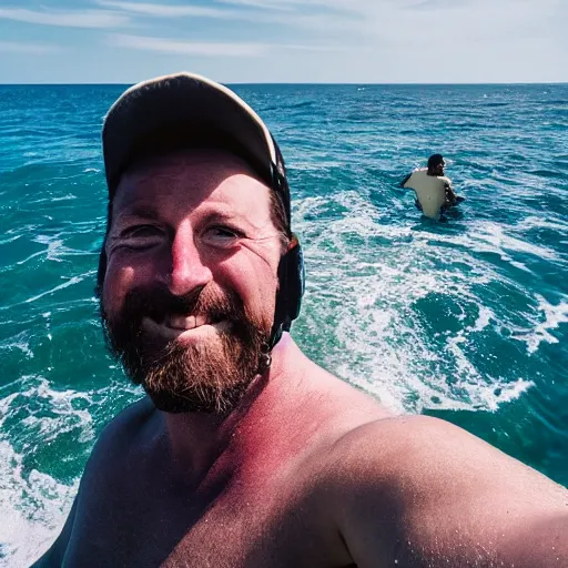 Image similar to national geographic photographer in the ocean taking a selfie smiling to the camera,