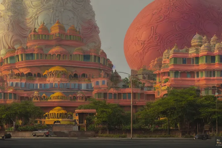 Prompt: beautiful dreamscape! biomorphic new delhi, hanuman!! head building, kalighat, octane photorealistic cinematic, stephen shore & john j. park, soft morning light, wide shot, high angle, uhd 8 k, deep focus