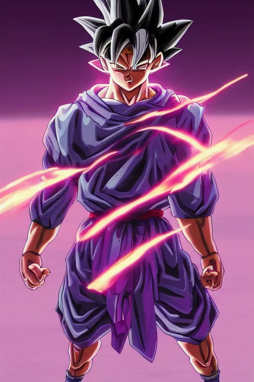 Image similar to goku robotic clothes in the beach purple sun, pink lighting ultra realistic photorealistic highly detailed high quality, a stunningly, digital painting, artstation, concept art, smooth, sharp focus, illustration, art by artgerm and greg rutkowski and alphonse mucha 8 k