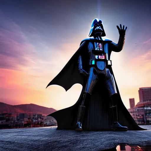 Prompt: A realistic photo with a mixture of Darth Vader and Batman, hyper-realistic, 8K HDR, sunset.