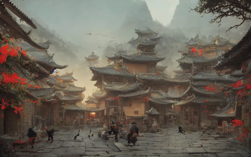 Image similar to shaolin village, sharp focus, wide shot, trending on artstation, masterpiece, by greg rutkowski, by ross tran, by fenghua zhong, octane, soft render, oil on canvas, colorful, cinematic, environmental concept art