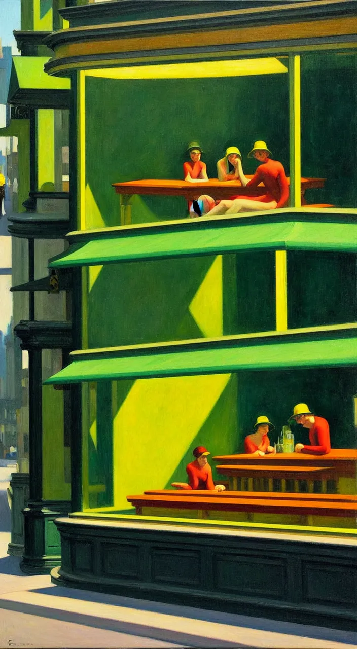 Prompt: oil on canvas, painting from edward hopper, in the style of nighthawks, lime! scooters! on the street, wearing ffp!!! 2