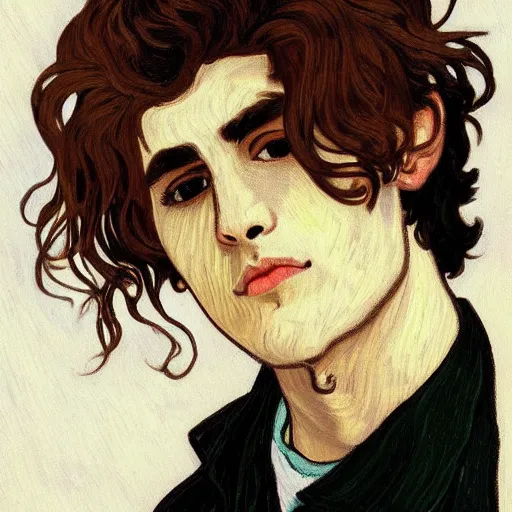 Image similar to painting of young cute handsome beautiful dark medium wavy hair man in his 2 0 s named shadow taehyung at the halloween pumpkin jack o'lantern party, depressed, melancholy, autumn, japan, elegant, clear, painting, stylized, delicate, soft facial features, delicate facial features, soft art, art by alphonse mucha, vincent van gogh, egon schiele