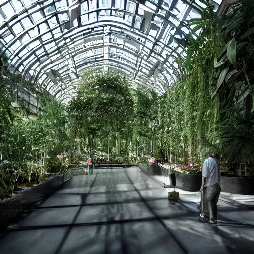 Image similar to hyperdetailed liminal space, downtown indoor terraced greenhouse gardens, movie cinematography roger deakins and darius khondji cinematic