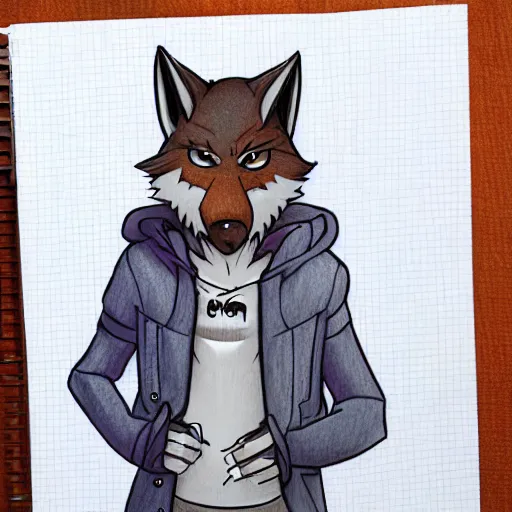 Image similar to anime style colored pencil sketch of an anthropomorphic wolf fursona furry male character wearing a hoodie, notebook drawing, realisitc photo