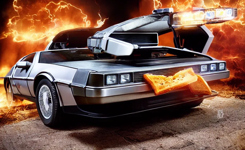 Image similar to a time-traveling delorean styled toaster with toast, bread inserted into slot, glowing heating coils, stainless steel, professional product shot, magazine ad