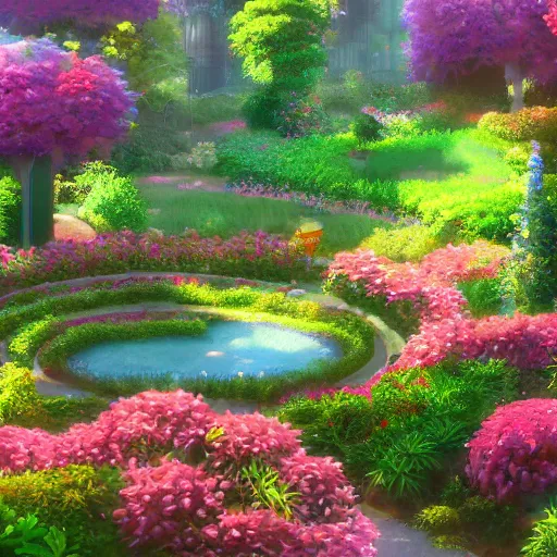 Prompt: a digital painting depicting a beautiful garden from an anime movie, in the style of Tue Tue on ArtStation, cinematic render, 4k,