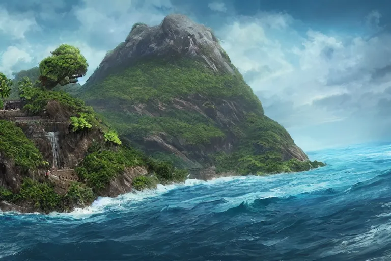 Image similar to an island from afar with forests and a mountain in open ocean, john avon, artstation, highly detailed, magic the gathering art