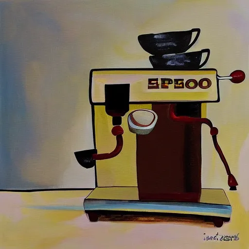 Image similar to a painting of an espresso machine that makes coffee from human souls