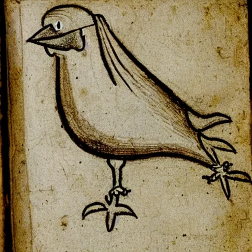 Image similar to medieval sketch of an exhausted anthropomorphic bird