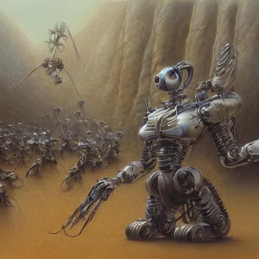 Image similar to orchestral music played by robots, painted by alan lee, john howe, pixiv, deviantart, artstation illustration, realistic