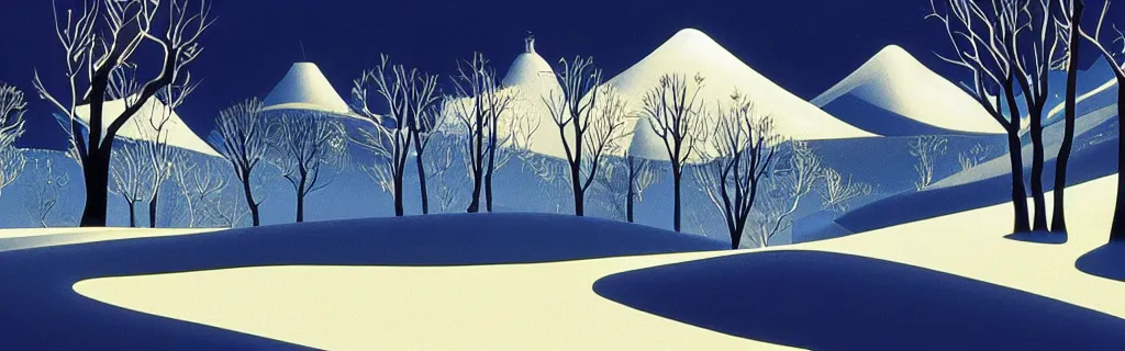 Image similar to snow, gold and white tones, animated film, stylised, illustration, by eyvind earle, scott wills, genndy tartakovski