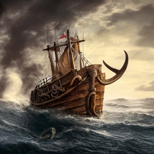 Image similar to vintage viking shipwreck surrounded by sharks and octopus, photorealistic, ultra-detailed, 4k high resolution, HDR shot, cinematic lighting