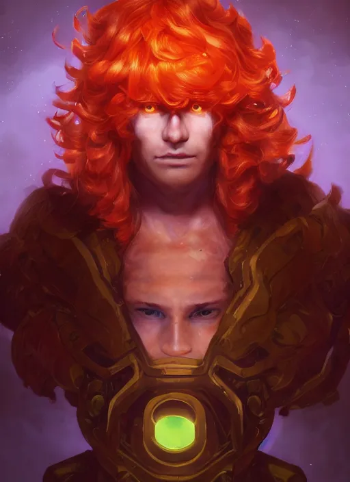 Image similar to glowwave portrait of curly orange hair man from league of legends, au naturel, hyper detailed, digital art, trending in artstation, cinematic lighting, studio quality, smooth render, unreal engine 5 rendered, octane rendered, art style by klimt and nixeu and ian sprigger and wlop and krenz cushart.