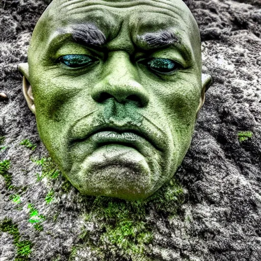 Image similar to a grey mossy rock with the face of dwayne johnson, shot on iphone 1