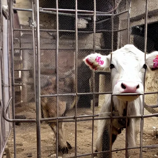 Image similar to chained calf inside a cage watching a bottle of milk